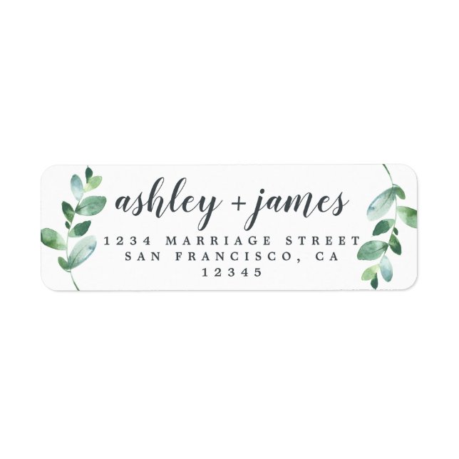 Chic Script Green Foliage Wedding Return Address   Label (Front)