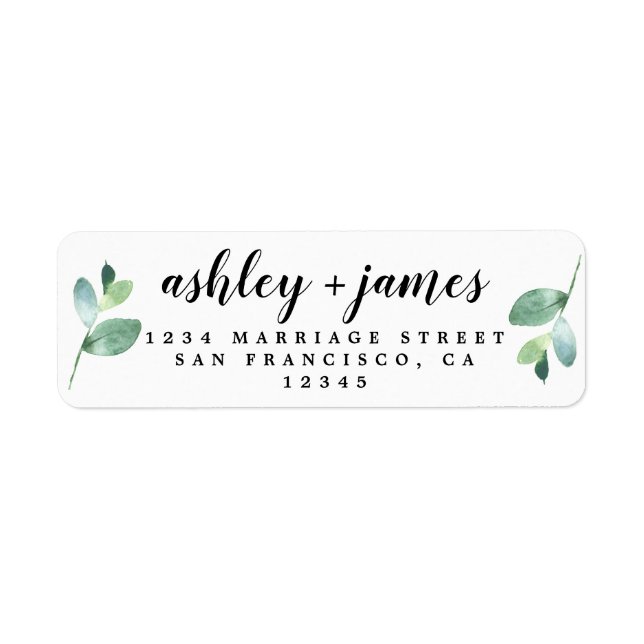 Chic Script Green Foliage Wedding Return Address Label (Front)