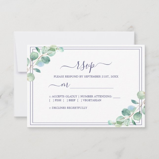 Chic Script Green Foliage Wedding RSVP Card (Front)