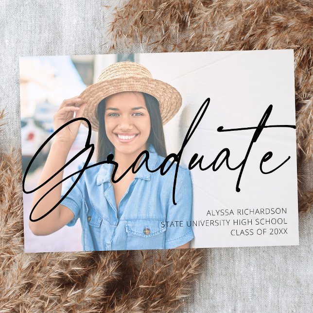  Chic Script H Photo Graduation Party White Invitation (Creator Uploaded)