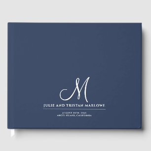 Chic Script Initial Wedding Monogram Navy Blue Guest Book