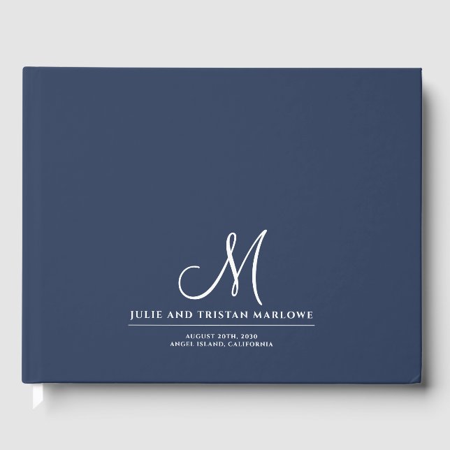 Chic Script Initial Wedding Monogram Navy Blue Guest Book (Front)
