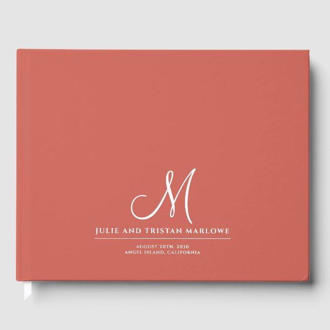 Chic Script Initial Wedding Monogram Rust Orange Guest Book (Front)
