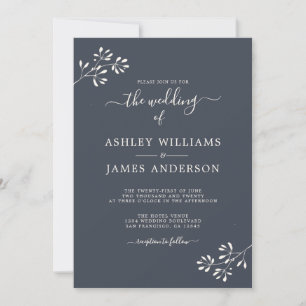 Chic Script Ivory Foliage Dark Blue Wedding Invitation