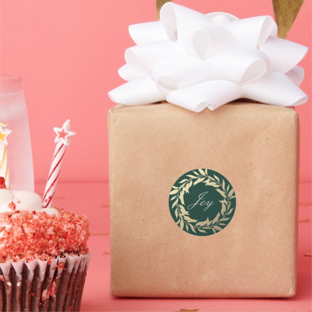 Chic Script Joy Gold Wreath Christmas Dark Green Classic Round Sticker (Party)