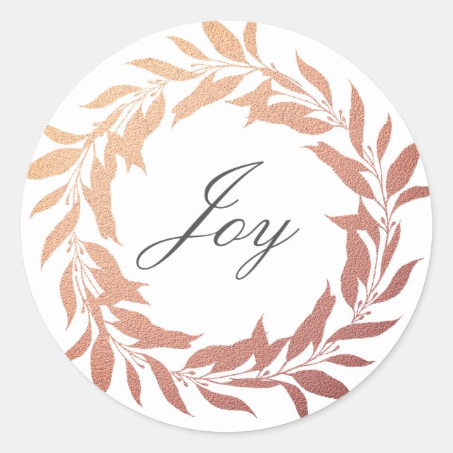 Chic Script Joy Rose Gold Wreath Christmas Classic Round Sticker (Front)