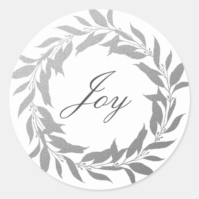 Chic Script Joy Silver Grey Wreath Christmas Classic Round Sticker (Front)