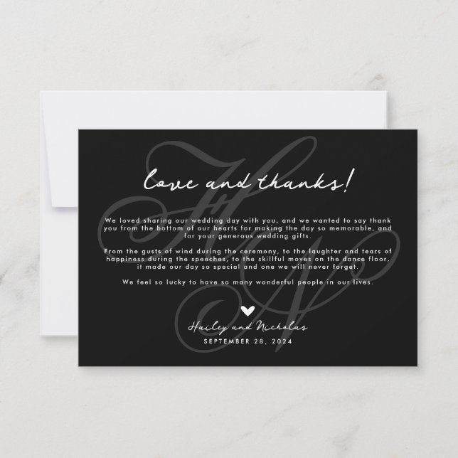 Chic Script Love and Thanks with Heart Wedding Thank You Card (Front)