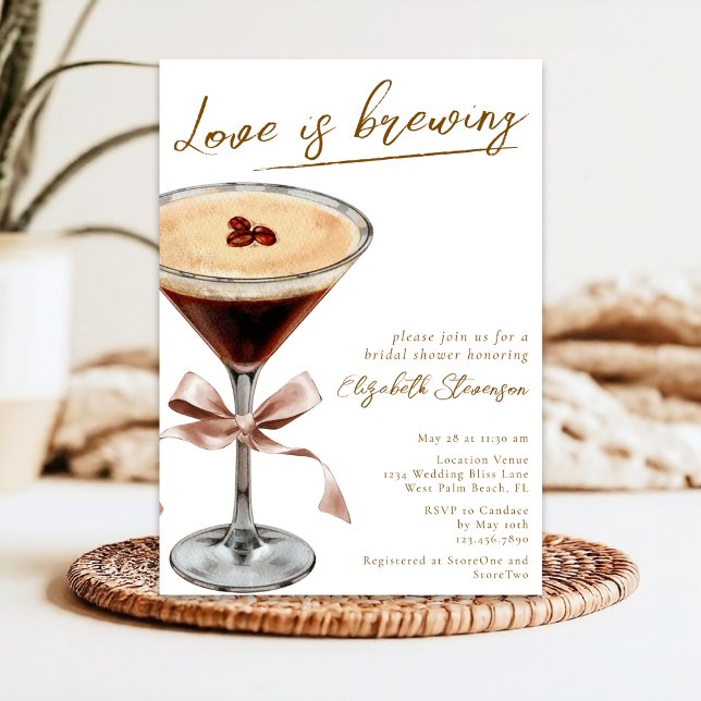 Chic Script Love is Brewing Martini Bridal Shower Invitation (Creator Uploaded)