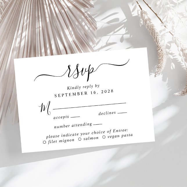 Chic Script Menu Choice Wedding RSVP (A chic wedding RSVP card with your customized menu options)