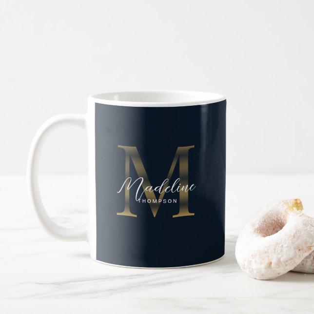 Chic Script Metallic Navy Blue Gold Monogram Coffee Mug (With Donut)