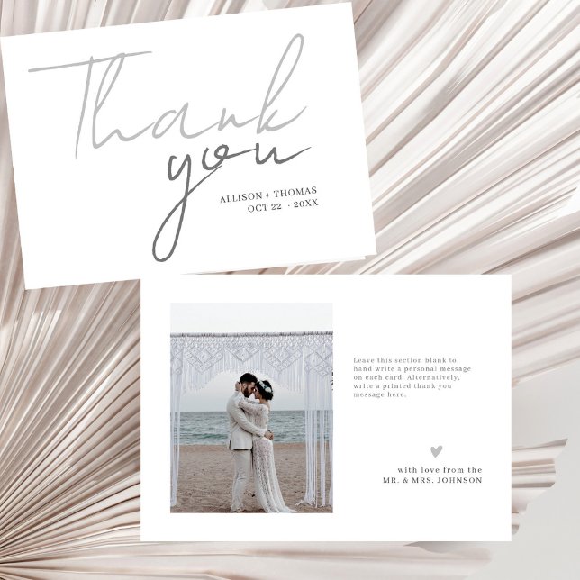 Chic Script Minimalist Photo Light Grey Wedding Thank You Card (Creator Uploaded)