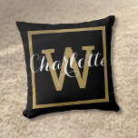 Chic Script Modern Gold Monogram Black Cushion<br><div class="desc">A chic personalised geometric square border monogram design with a stylish script name. Designed by Thisisnotme©</div>