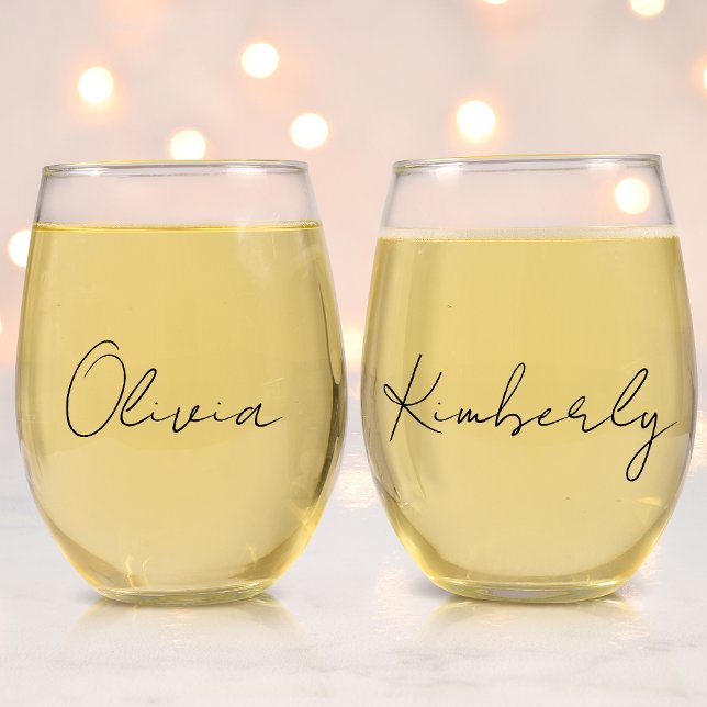 Chic Script Monogram Bachelorette Party Stemless Wine Glass (Creator Uploaded)