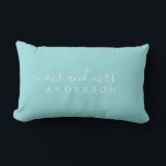 Chic Script Mr Mrs Bright Blue Newlywed Monogram Lumbar Cushion<br><div class="desc">Chic, modern monogram turquoise blue pillow with the text Mr and Mrs in white elegant script. Simply add your married name. Perfect luxury gift for the newlywed couple. Exclusively designed for you by Happy Dolphin Studio. If you need any help or matching products please contact us at happydolphinstudio@outlook.com. We're happy...</div>