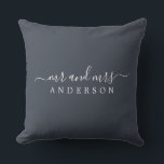 Chic Script Mr Mrs Charcoal Blue Newlywed Monogram Cushion<br><div class="desc">Chic, modern monogrammed charcoal blue pillow with the text Mr and Mrs in white elegant script. Simply add your married name. Perfect luxury gift for the newlywed couple. Exclusively designed for you by Happy Dolphin Studio. If you need any help or matching products please contact us at happydolphinstudio@outlook.com. We're happy...</div>