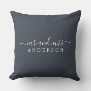 Chic Script Mr Mrs Charcoal Blue Newlywed Monogram Cushion