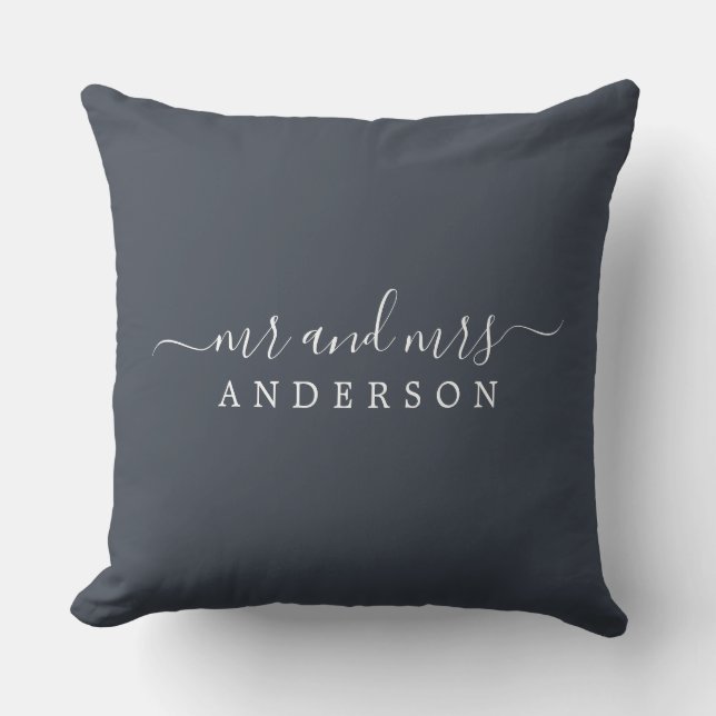 Chic Script Mr Mrs Charcoal Blue Newlywed Monogram Cushion (Front)