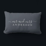 Chic Script Mr Mrs Charcoal Blue Newlywed Monogram Lumbar Cushion<br><div class="desc">Chic, modern monogrammed charcoal blue pillow with the text Mr and Mrs in white elegant script. Simply add your married name. Perfect luxury gift for the newlywed couple. Exclusively designed for you by Happy Dolphin Studio. If you need any help or matching products please contact us at happydolphinstudio@outlook.com. We're happy...</div>