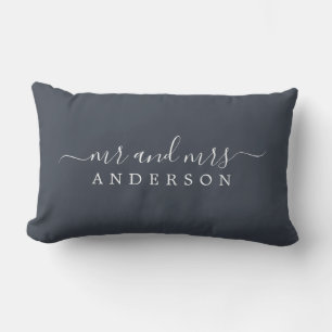 Chic Script Mr Mrs Charcoal Blue Newlywed Monogram Lumbar Cushion