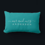 Chic Script Mr Mrs Green Newlywed Monogram Lumbar Cushion<br><div class="desc">Chic, modern monogram green pillow with the text Mr and Mrs in white elegant script. Simply add your married name. Perfect luxury gift for the newlywed couple. Exclusively designed for you by Happy Dolphin Studio. If you need any help or matching products please contact us at happydolphinstudio@outlook.com. We're happy to...</div>