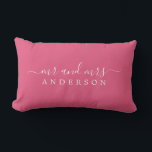 Chic Script Mr Mrs Hot Pink Newlywed Monogram Lumbar Cushion<br><div class="desc">Chic, modern monogram hot pink pillow with the text Mr and Mrs in white elegant script. Simply add your married name. Perfect luxury gift for the newlywed couple. Exclusively designed for you by Happy Dolphin Studio. If you need any help or matching products please contact us at happydolphinstudio@outlook.com. We're happy...</div>