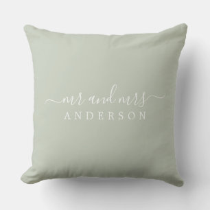 Chic Script Mr Mrs Pastel Green Newlywed Monogram Cushion