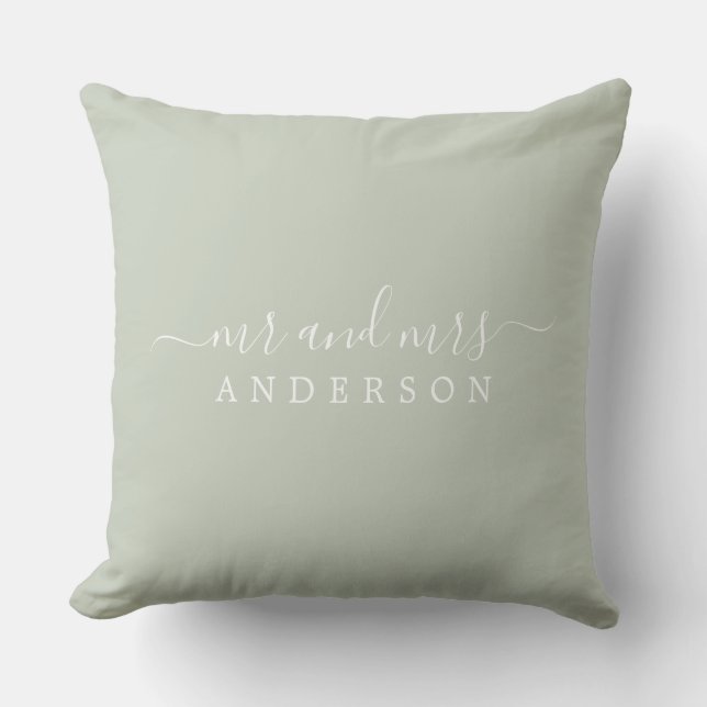 Chic Script Mr Mrs Pastel Green Newlywed Monogram Cushion (Front)