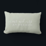 Chic Script Mr Mrs Pastel Green Newlywed Monogram Lumbar Cushion<br><div class="desc">Chic, modern monogram pastel green pillow with the text Mr and Mrs in white elegant script. Simply add your married name. Perfect luxury gift for the newlywed couple. Exclusively designed for you by Happy Dolphin Studio. If you need any help or matching products please contact us at happydolphinstudio@outlook.com. We're happy...</div>