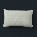 Chic Script Mr Mrs Pastel Green Newlywed Monogram Lumbar Cushion<br><div class="desc">Chic, modern monogram pastel green pillow with the text Mr and Mrs in white elegant script. Simply add your married name. Perfect luxury gift for the newlywed couple. Exclusively designed for you by Happy Dolphin Studio. If you need any help or matching products please contact us at happydolphinstudio@outlook.com. We're happy...</div>