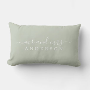 Chic Script Mr Mrs Pastel Green Newlywed Monogram Lumbar Cushion