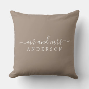 Chic Script Mr Mrs Taupe Newlywed Monogram Cushion
