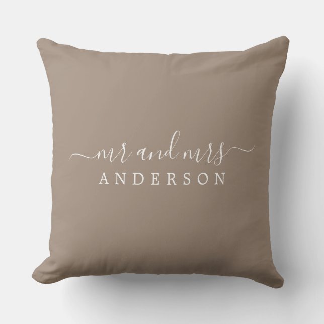Chic Script Mr Mrs Taupe Newlywed Monogram Cushion (Front)