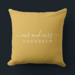 Chic Script Mr Mrs Yellow Ochre Newlywed Monogram Cushion<br><div class="desc">Chic, modern monogrammed pillow with the text Mr and Mrs in white elegant script on a yellow ochre background. Simply add your married name. Perfect luxury gift for the newlywed couple. If you need any help or matching products please contact us at happydolphinstudio@outlook.com. We're happy to help you make your...</div>