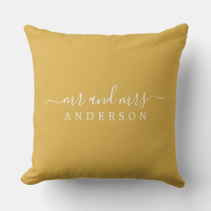 Chic Script Mr Mrs Yellow Ochre Newlywed Monogram Cushion