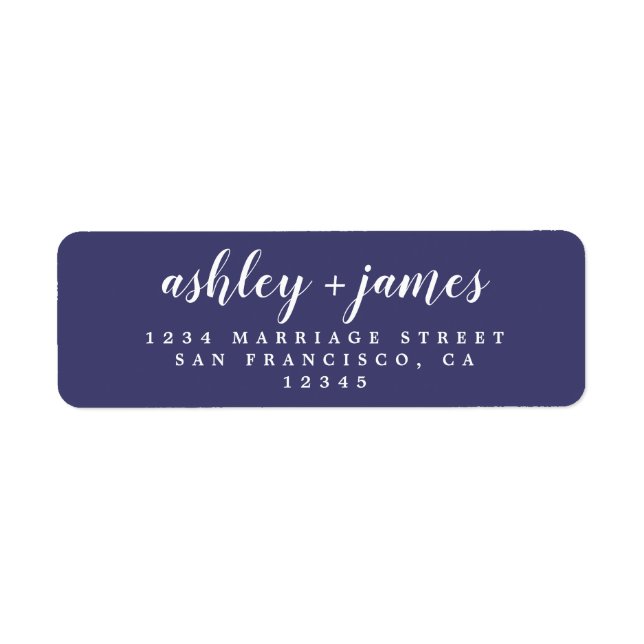 Chic Script Navy Blue Wedding Return Address Label (Front)