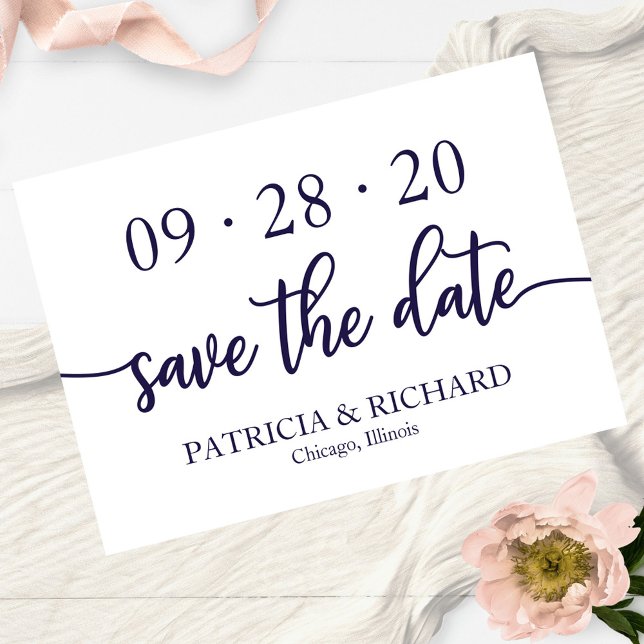 Chic Script Navy Blue White Wedding Save The Date Invitation (Creator Uploaded)