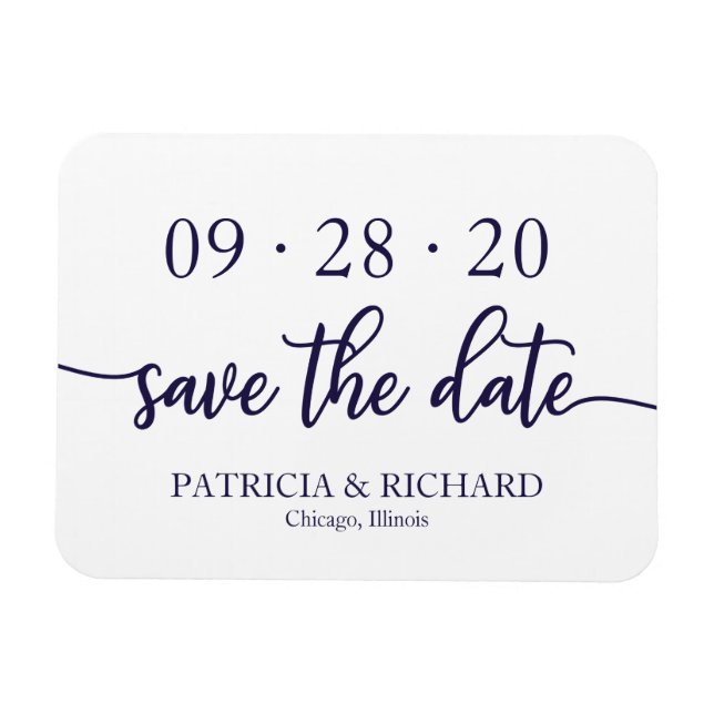 Chic Script Navy Blue White Wedding Save The Date Magnet (Horizontal)