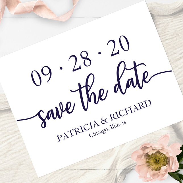 Chic Script Navy Blue White Wedding Save The Date Postcard (Creator Uploaded)