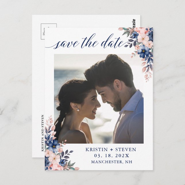 Chic Script Navy Peach Floral Photo Save the Date Postcard (Front/Back)