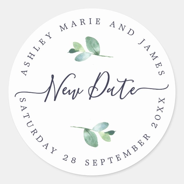 Chic Script New Date Postponed Wedding Label (Front)