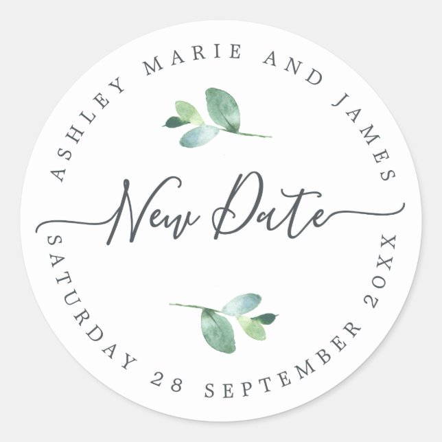 Chic Script New Date Postponed Wedding Label (Front)