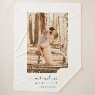 Chic Script Newlywed Mr Mrs Monogram Photo Sherpa Blanket