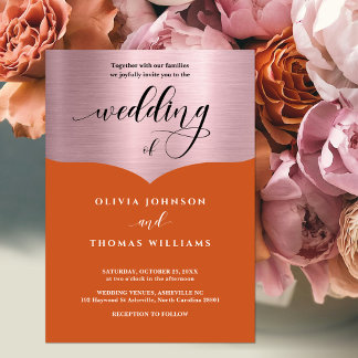 Chic Script Orange Metallic Rose Gold Wedding Invitation