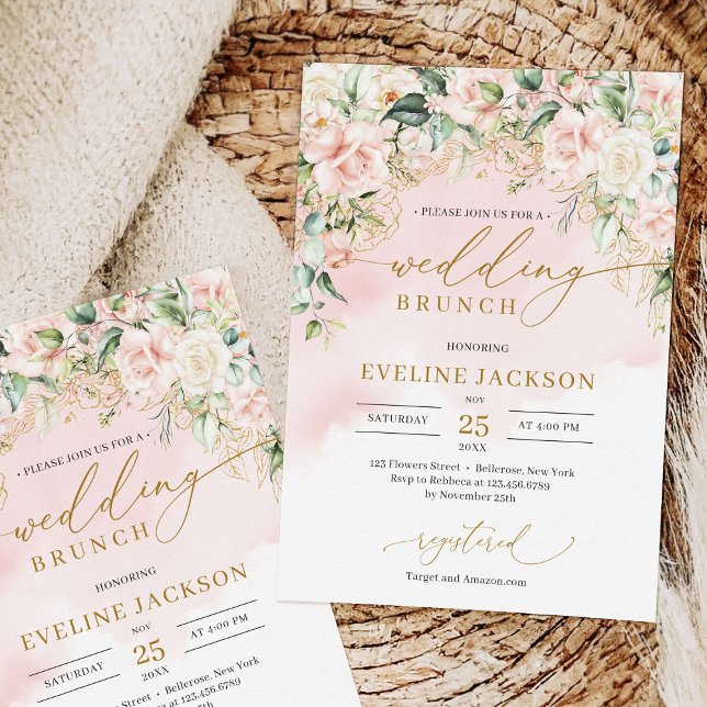 Chic script pastel pink roses sage wedding brunch invitation (Chic watercolor blush flowers eucalyptus gold wedding brunch invitation template)