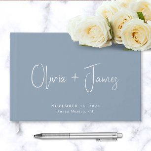 Chic Script Photo Dusty Blue Wedding Guest Book