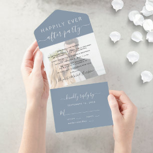 Chic Script Photo Dusty Blue Wedding Reception All In One Invitation