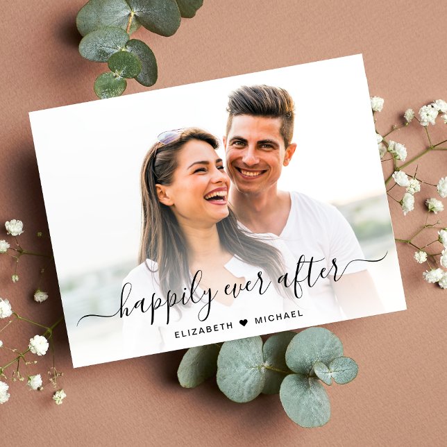 Chic Script Photo Overlay Engagement Announcement Postcard (A chic happily ever after photo engagement announcement)