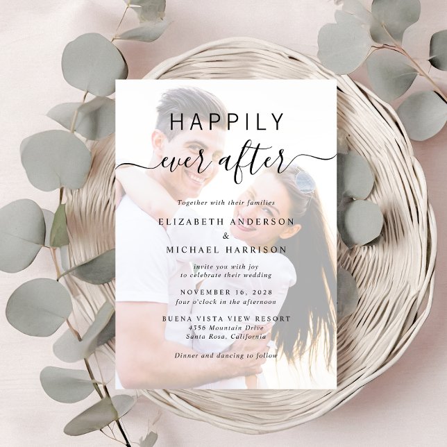 Chic Script Photo Overlay QR Code Wedding Invitation (A chic Happily Ever After Photo Wedding Invitation)