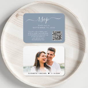 Chic Script Photo QR Code Dusty Blue Wedding RSVP Enclosure Card